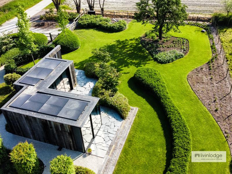 The luxurious wooden outbuilding has a minimalist design and clean lines