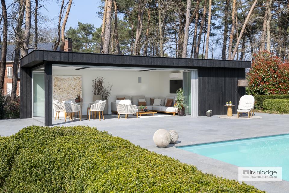 Pool house moderna y confortable en madera carbonizada